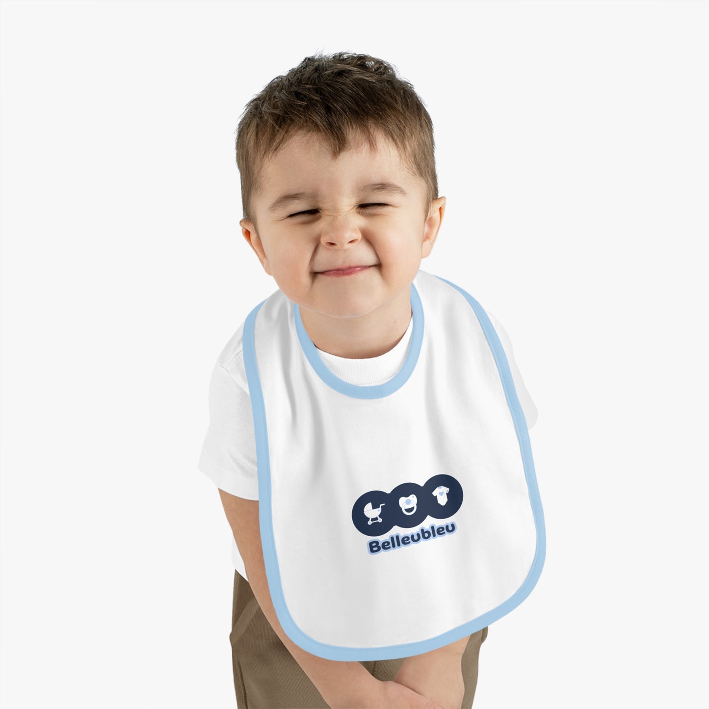 Belleubleu Bib with Contrast Trim, Cute Toddler Feeding Bib, Gifts for New Parents, Baby Shower Essentials, Everyday Feeding Bib
