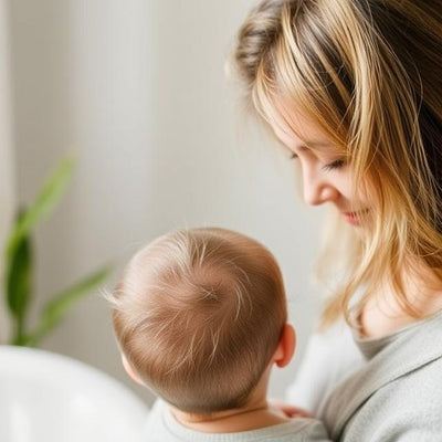 A first-time mom holding her baby, illustrating the close bond and the postpartum journey. The image subtly shows the new mother's hair and the baby's hair, a visual parallel for a blog post about postpartum hair loss.